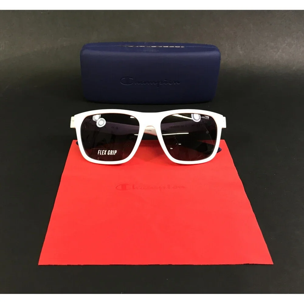 Champion Sunglasses AMP C03 White Square Frames with Dark Grey Polarized Lenses